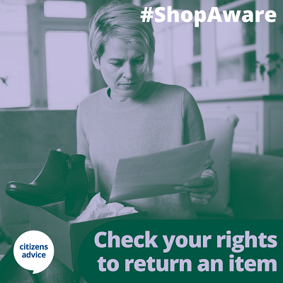 A woman opening a box containing ankle boots. The image also features the words: Check your rights to return an item